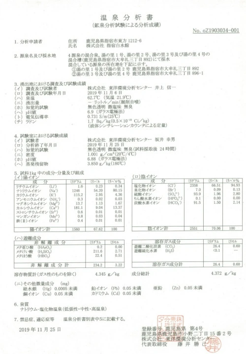 温泉分析書　4源泉の混合泉